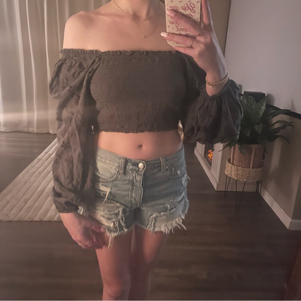 American Eagle Floral Scrunch Off the Shoulder Bubble Sleeves Crop Top